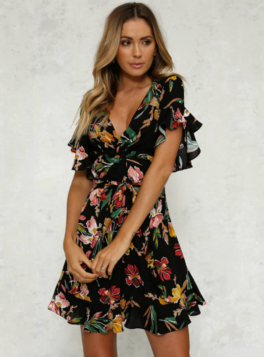 Bohemian with Design V-Neck Hem Flower Gown and Deep Black Folds