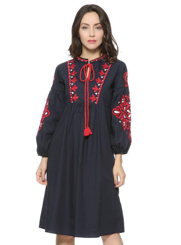 Vintage Floral Embroidery Dress with Drawstring Tie and Tassels, Long Sleeve for Women