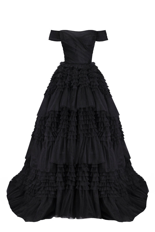 Black Off-The-Shoulder Stylish Frill-Layered Gown