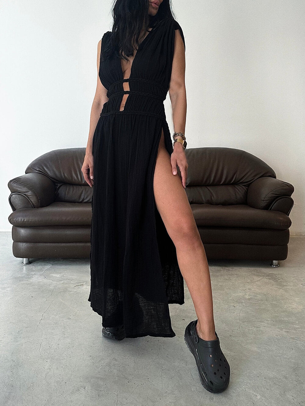 Boho Braids Belt Cutout Graceful Slit Kaftan Maxi Dress