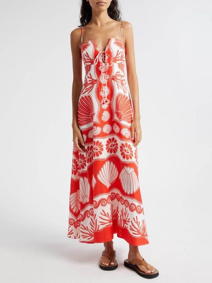 Shell Unique Print Front Graceful Lace-Up Loose Maxi Dress