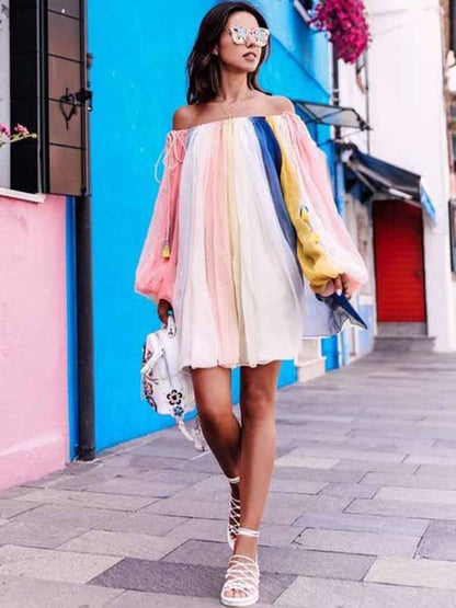 Rainbow Striped Off-shoulder Puff Sleeves Mini Dress