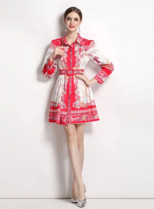 Retro Long Sleeve Dress with Shirt Print