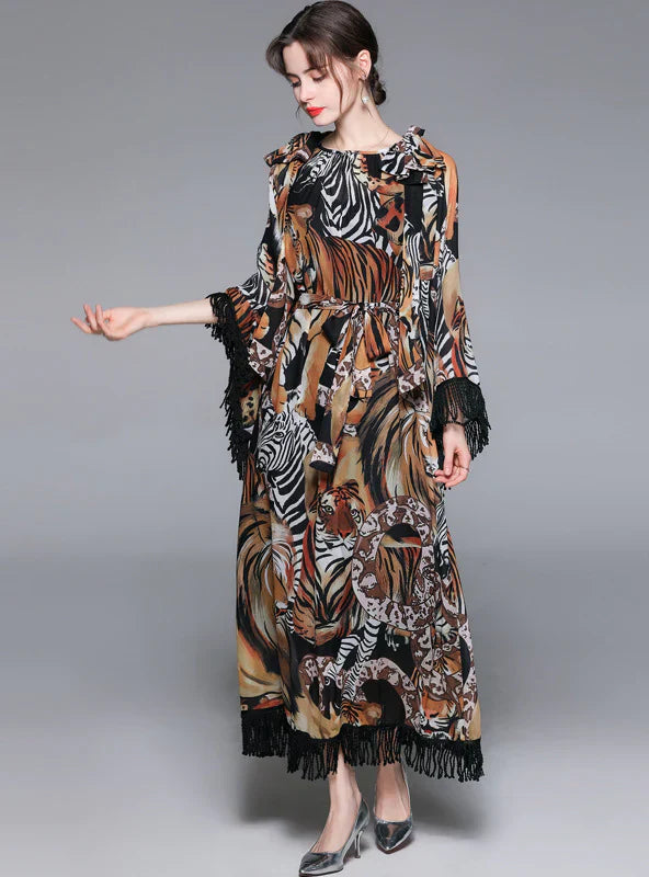 Tassel Wide Sleeves Casual Dress with Tiger Print