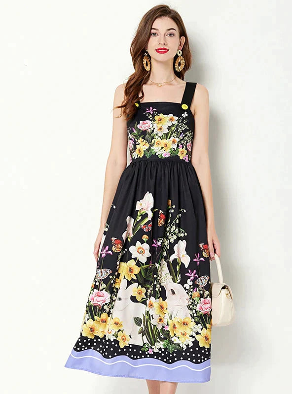 Sleeveless Dress with Printed Suspenders