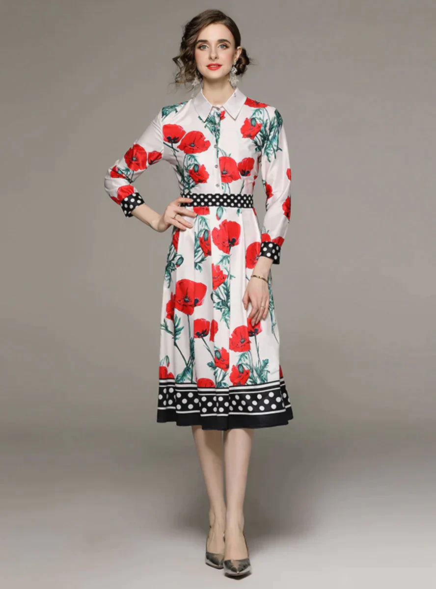 Retro Long Sleeve Lapel Slim Printed Dress