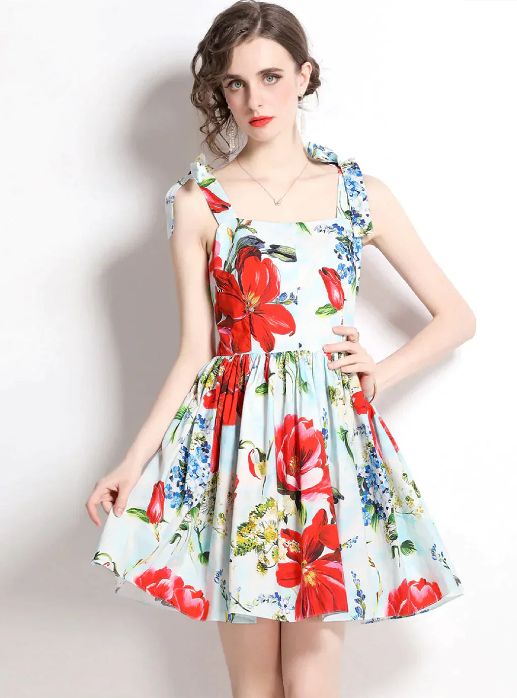 Retro Floral Print Bow Dress