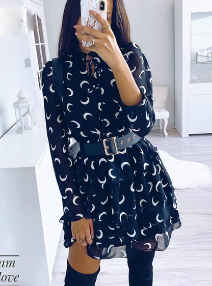 Moon Print High Neck Ruffle Chiffon Dress