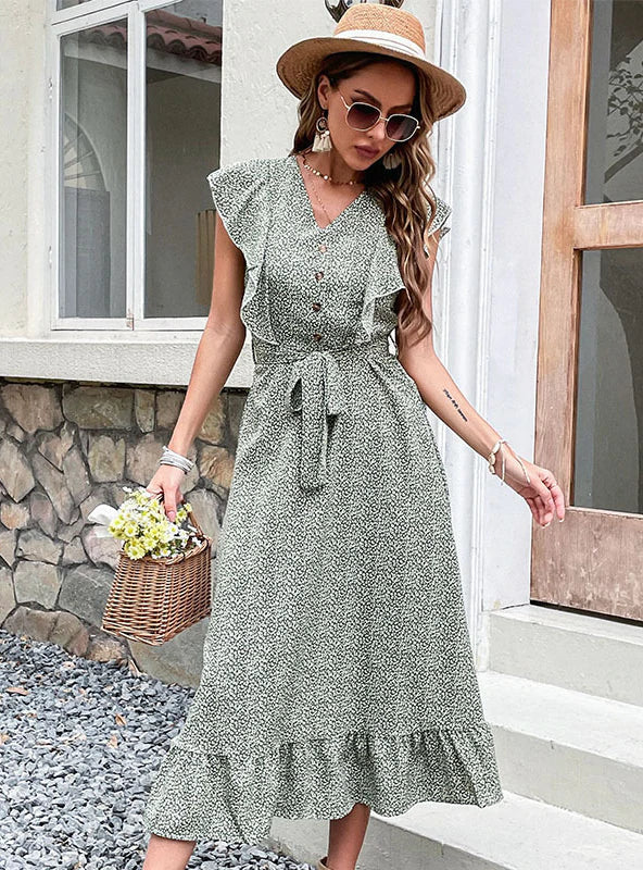 Summer Lace-Up Dress with Ruffled Print