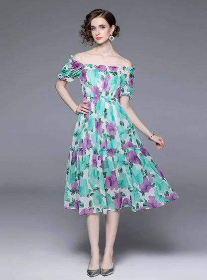 Arm Bubble Flowered Antern Gown with Sleeve