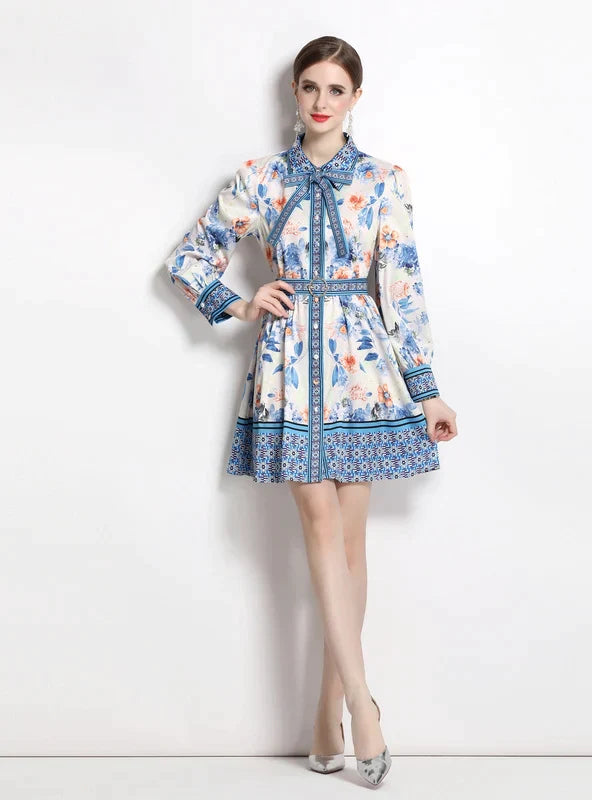 Retro Lapel Lantern Sleeve Dress with Print