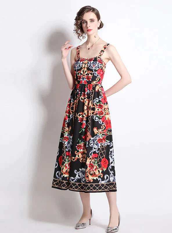 Vintage Rose Print Long Dress with Suspender