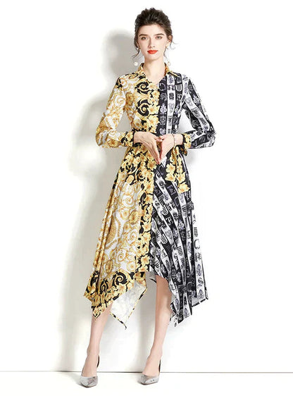 Retro Long Sleeve Printed Irregular Dress