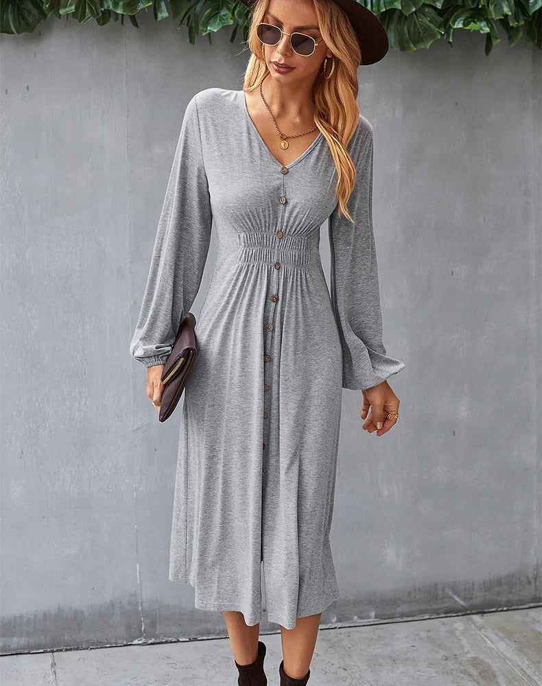 V-NECK LONG SLEEVE A-LINE DRESS