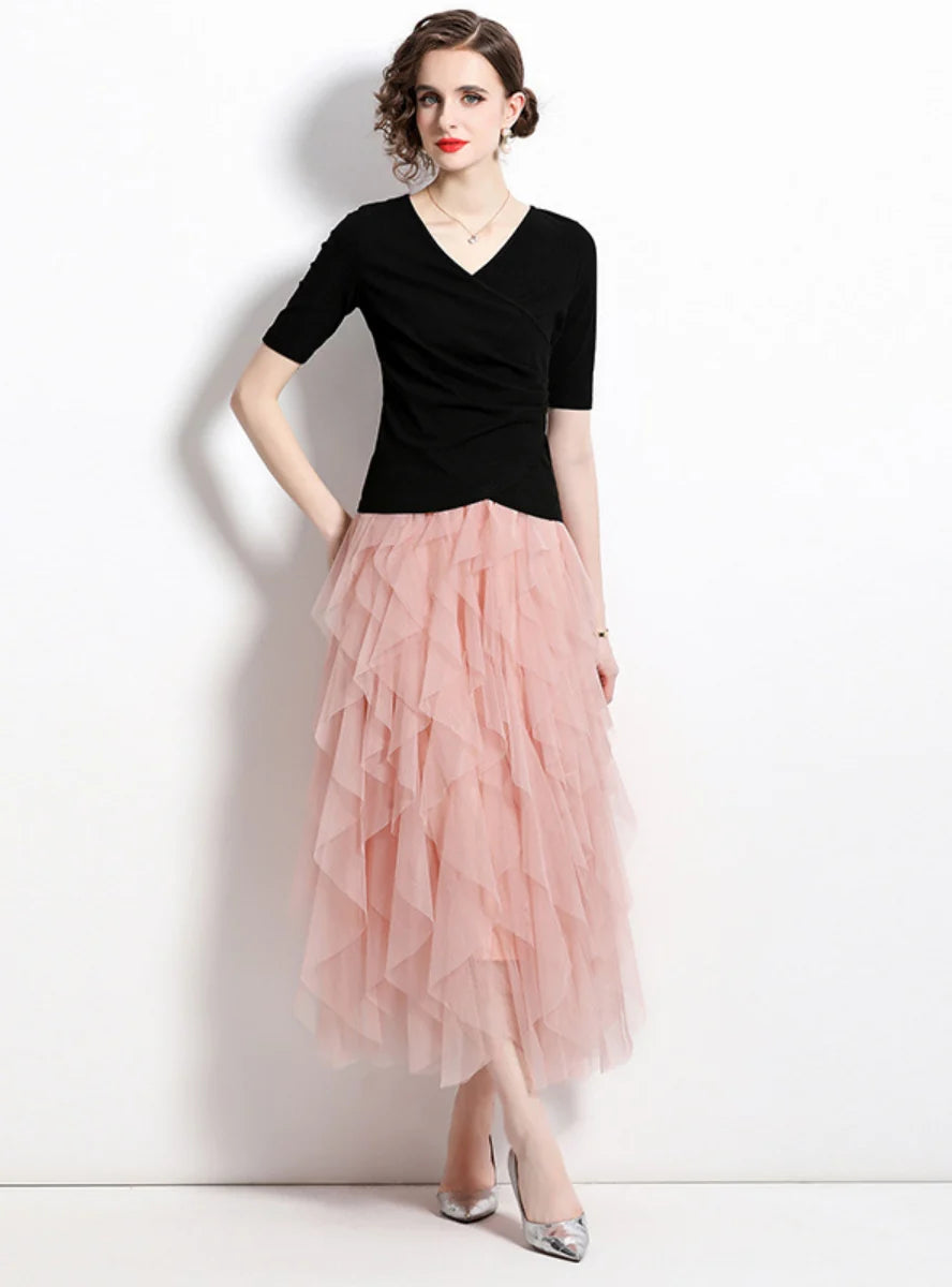 Black Top Cake Skirt T-Shirt Two-Piece Suit