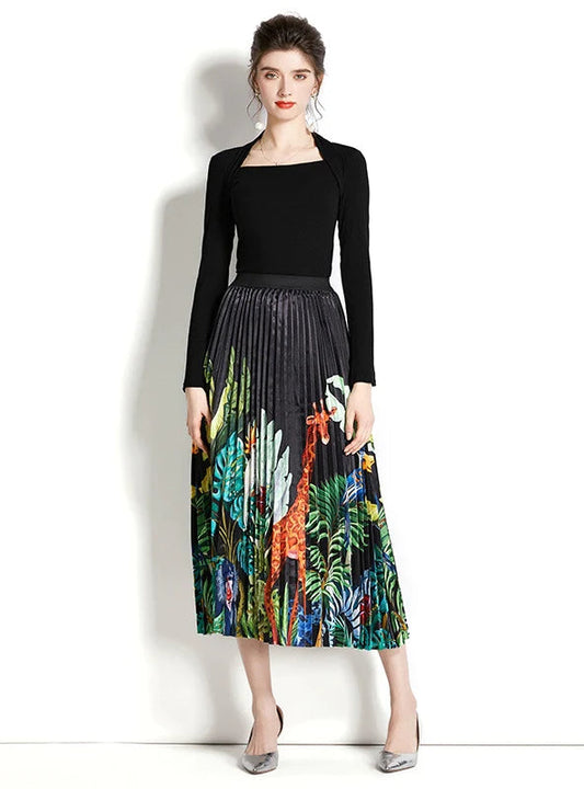 Retro Square Neck Long Sleeve Top with Printed Pleated Skirt Suit