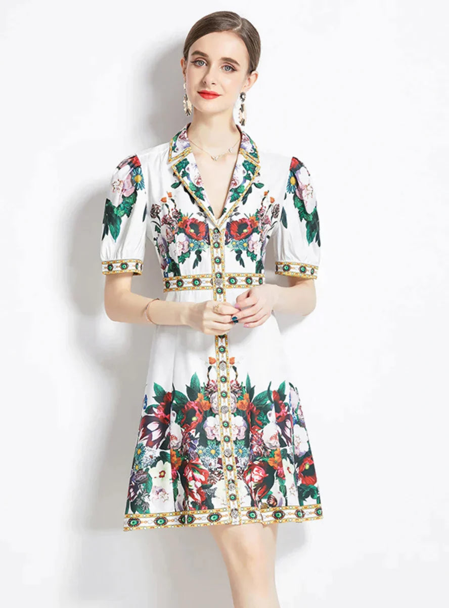 Retro Printed Shirt Dress with Short Sleeves