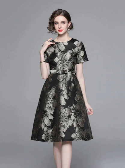 Vintage Black and Gold Print Dress with Short Sleeves