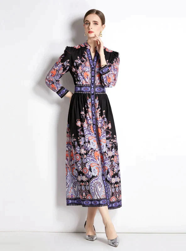 Retro Palace Long Sleeve Slim Dress with Print