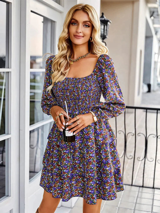 Square Neck Long Sleeve Printed Dress