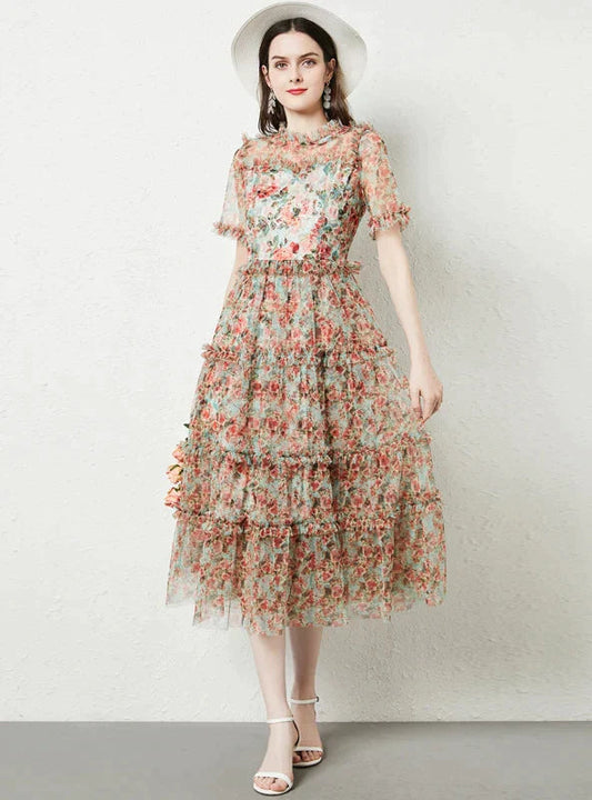 Wooden Ear Gauze Print Dress with Short Sleeves