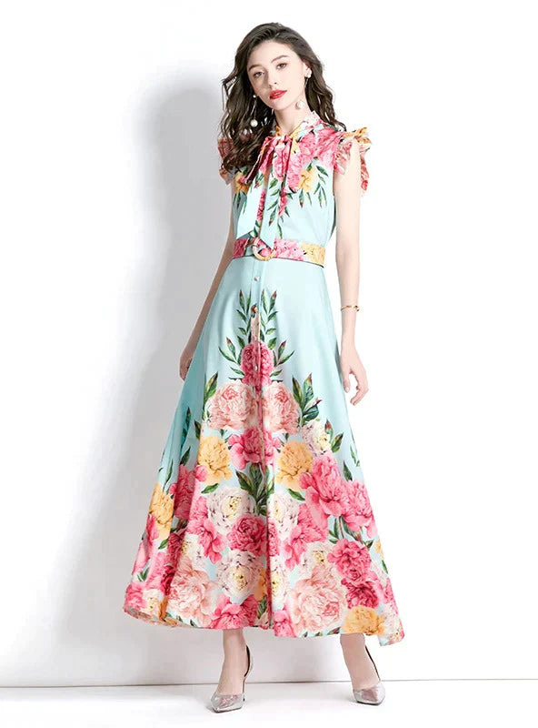 Retro Palace Long Printed Dress with Flying Sleeves