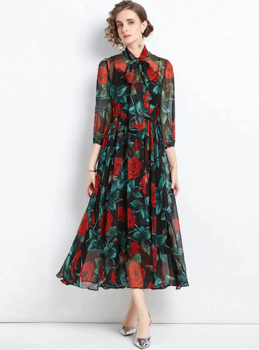 Slim Long Sleeve Chiffon Dress with Rose Print