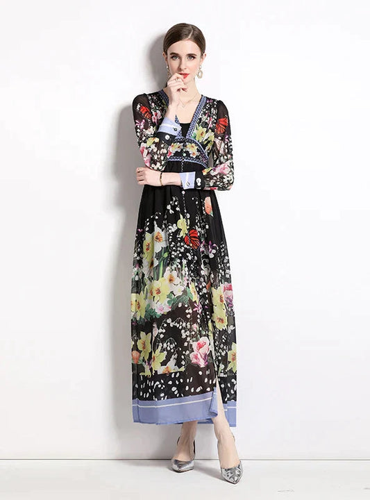 V-Neck Chiffon Printed Long Dress for Summer