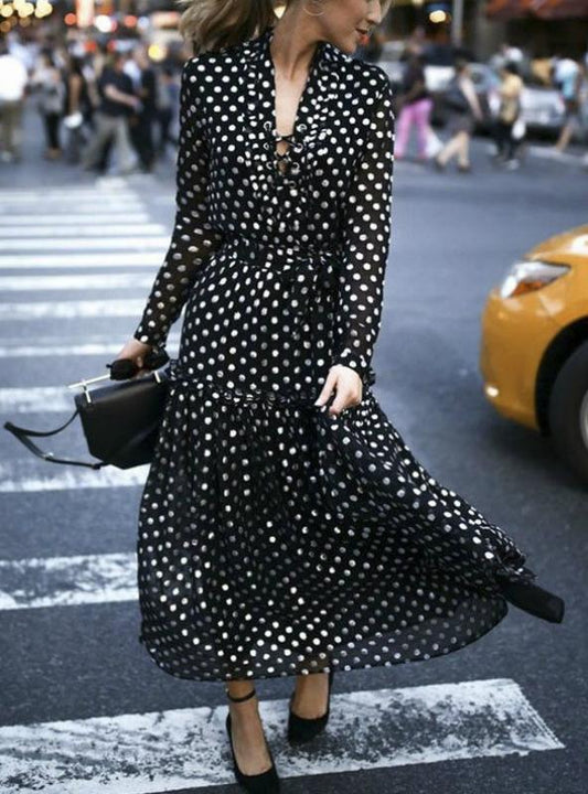 with Full-Length Bohemian Wrap Polka Gown Dot V-Neck