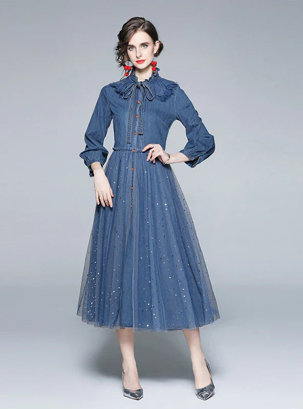 RETRO LONG SLEEVE MESH SEQUINED DENIM DRESS