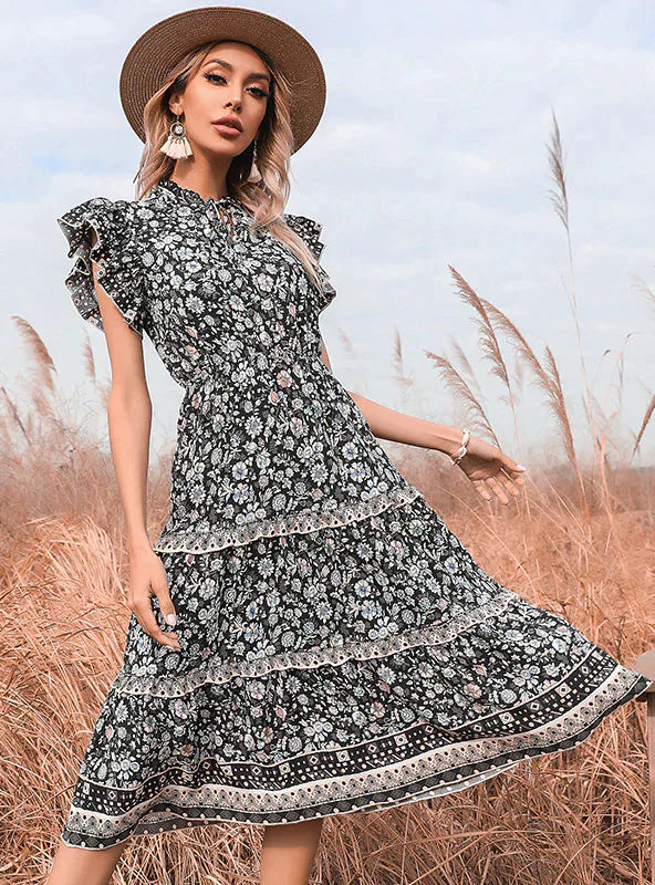 Black Wind National Flowered Dress