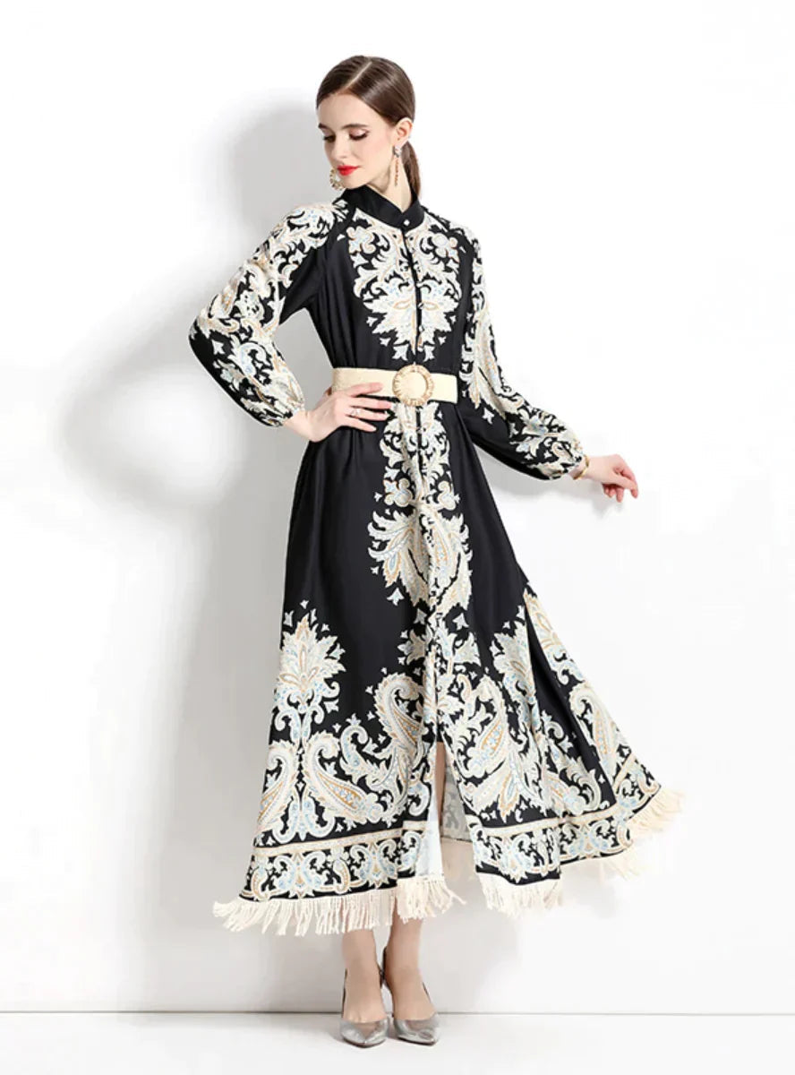 Vintage Printed Fringed Dress with Long Sleeves