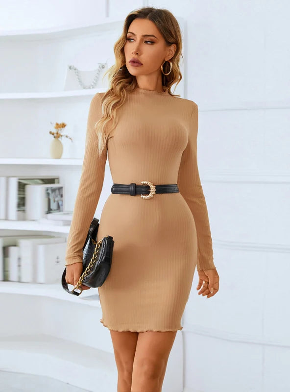 SLIM CREW NECK KNITTED LONG SLEEVE DRESS