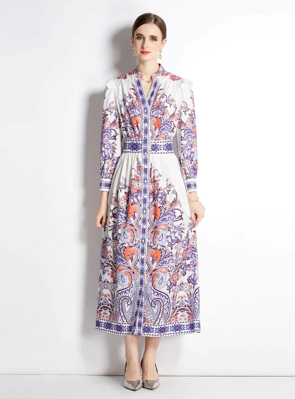 Retro Palace Long Sleeve Slim Dress with Print