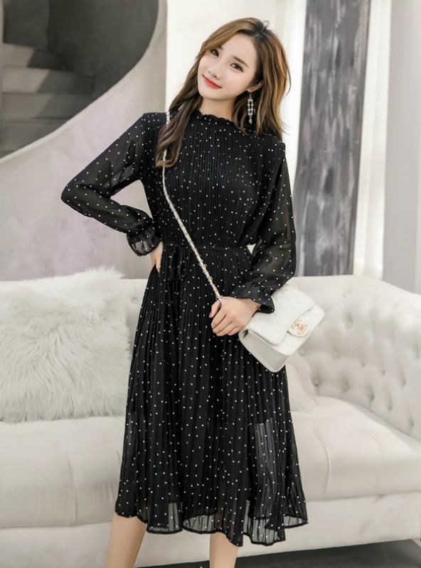 Vintage Black Chiffon Dress for Spring Women