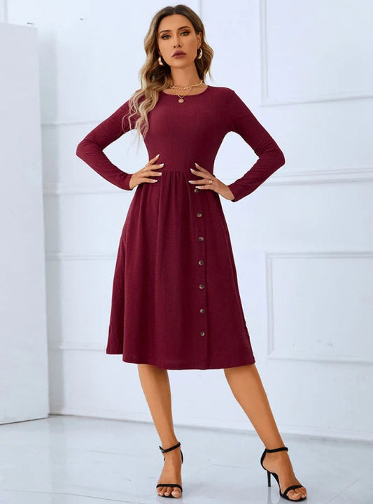 Red Long Sleeve Pleated Button Dress with Round Neck