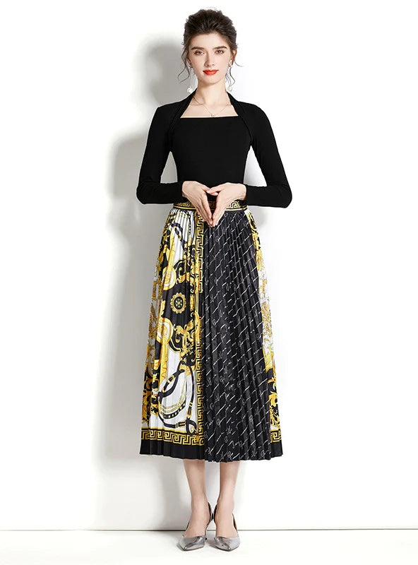 Retro Square Neck Long Sleeve Top with Printed Pleated Skirt Suit