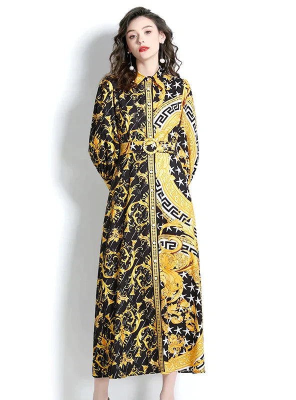 Vintage Lapel Lantern Sleeve Long Printed Dress