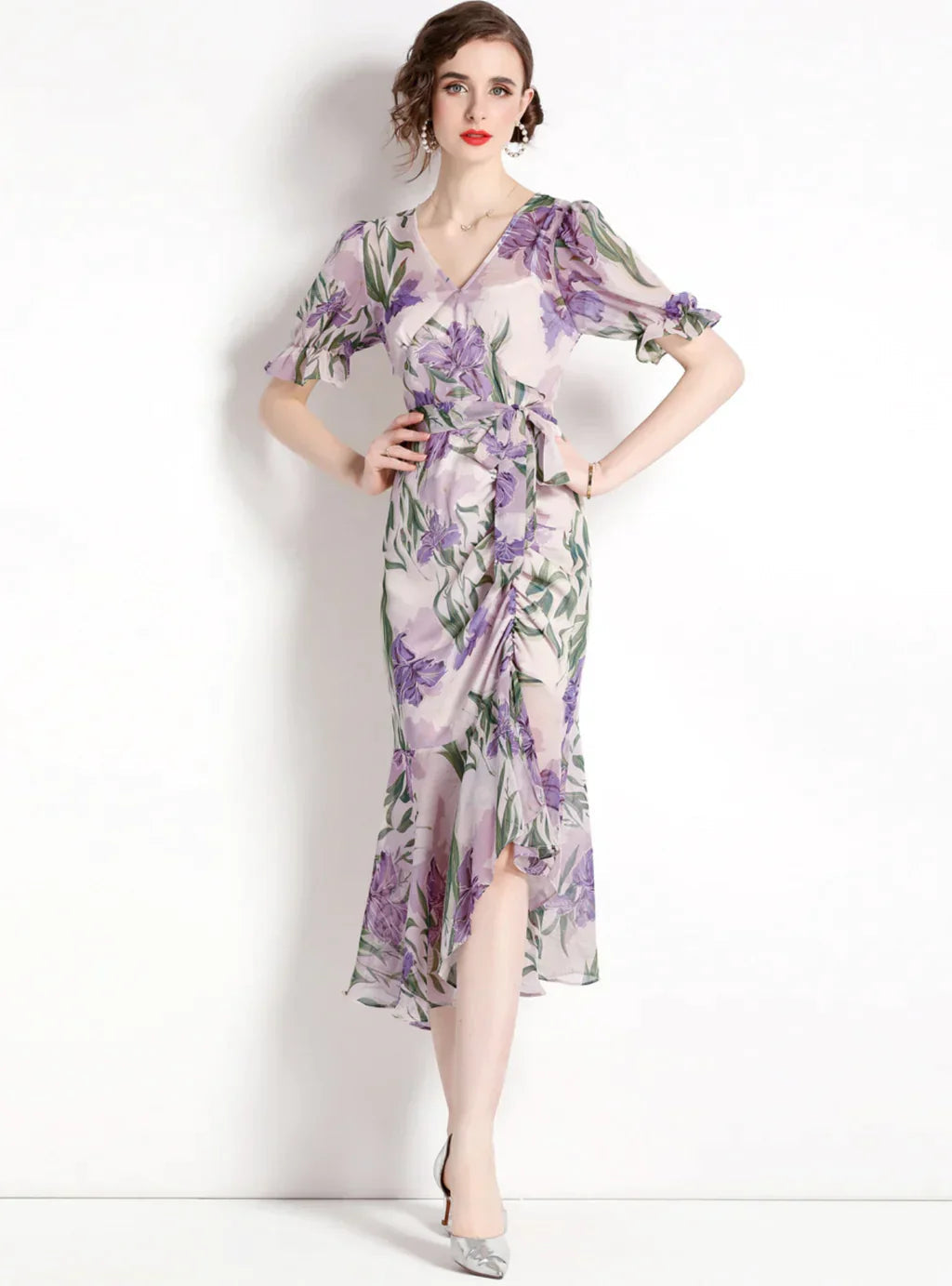 Purple Floral Dress with Square Collar