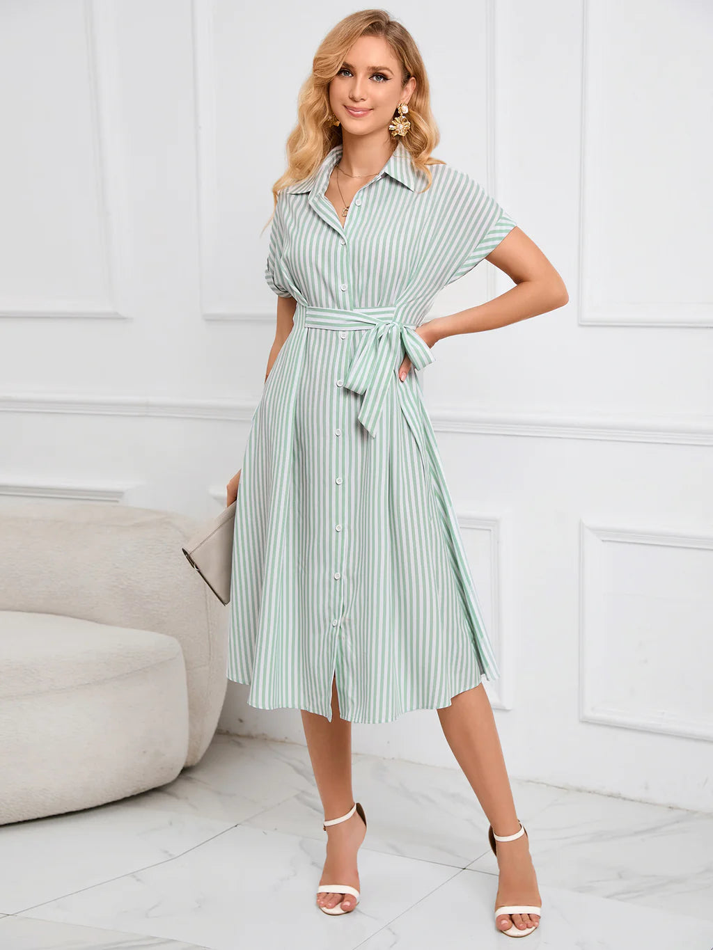 Striped Dress with Belt - Lapel V-Neck