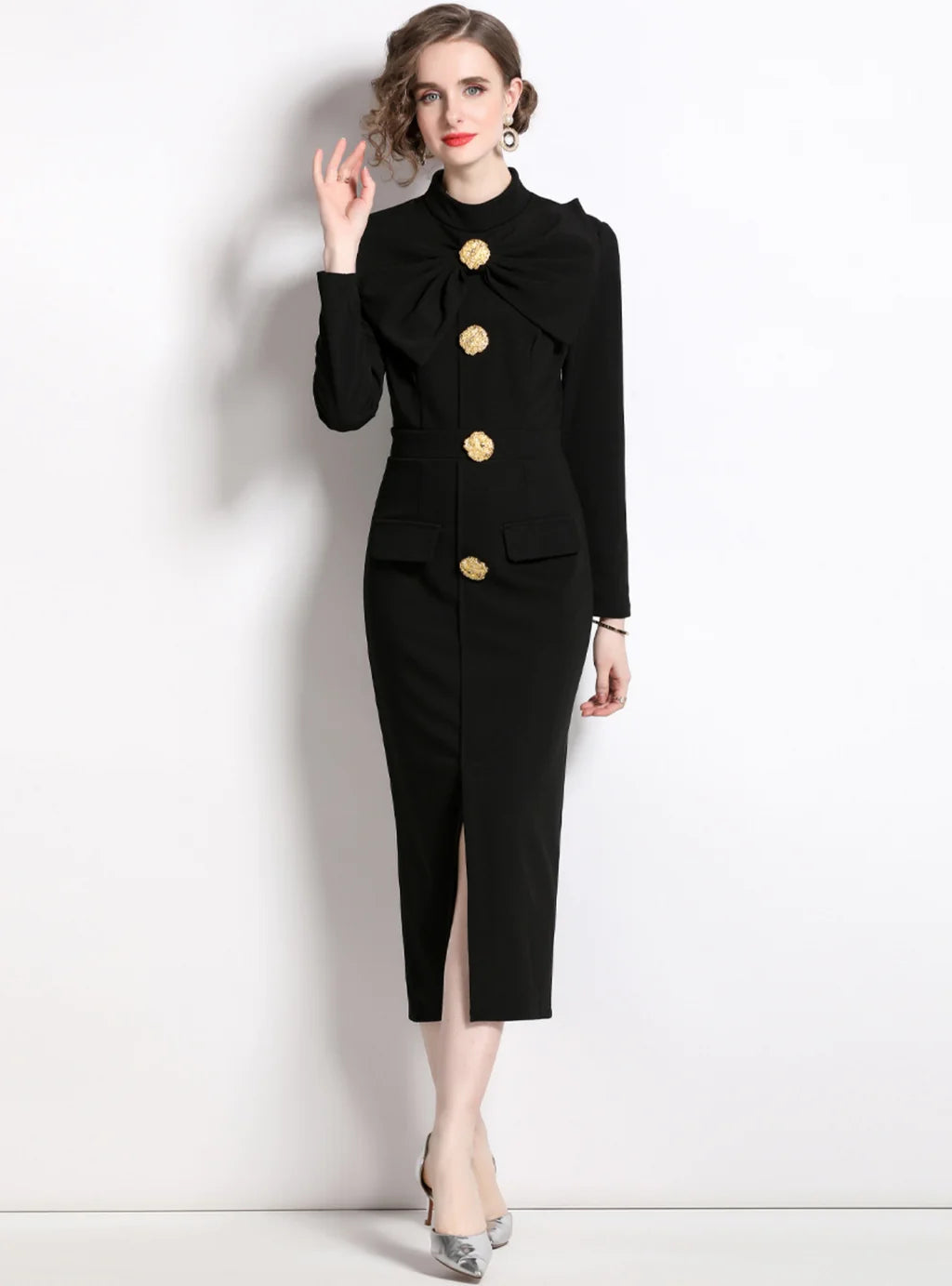 BLACK BOW SLIM LONG SLEEVE DRESS