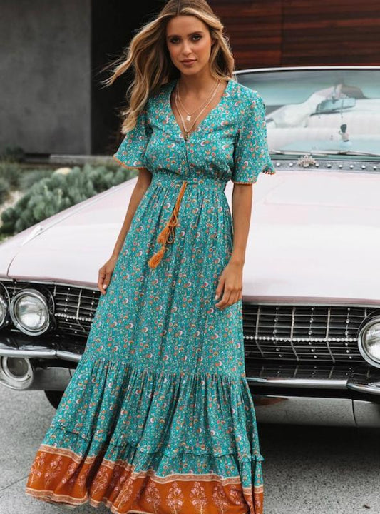 Ruffled V-Neck Maxi Dress with Short Sleeves