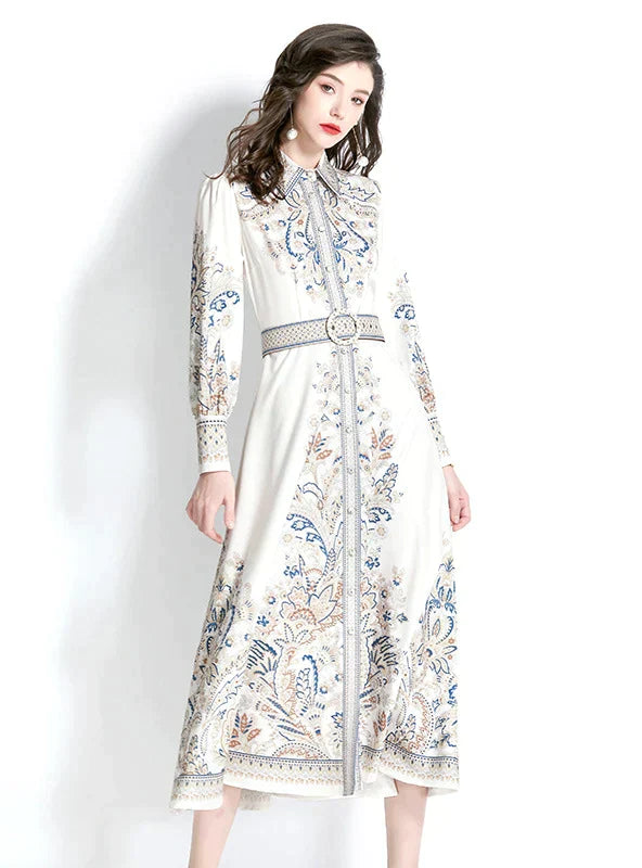 Vintage Lapel Lantern Sleeve Printed Dress