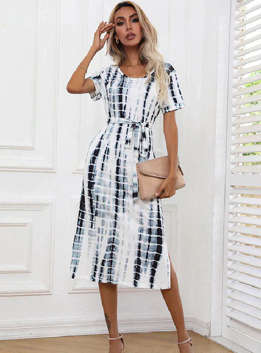 Tie-Dye Printed Dress with Slit-Fit