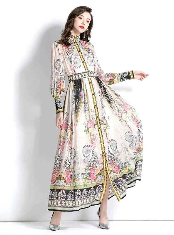 Retro Long Sleeve Printed Maxi Dress