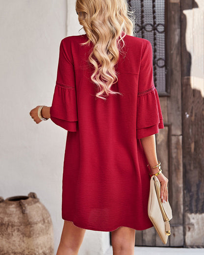 V-neck ruffle sleeve dress in solid color