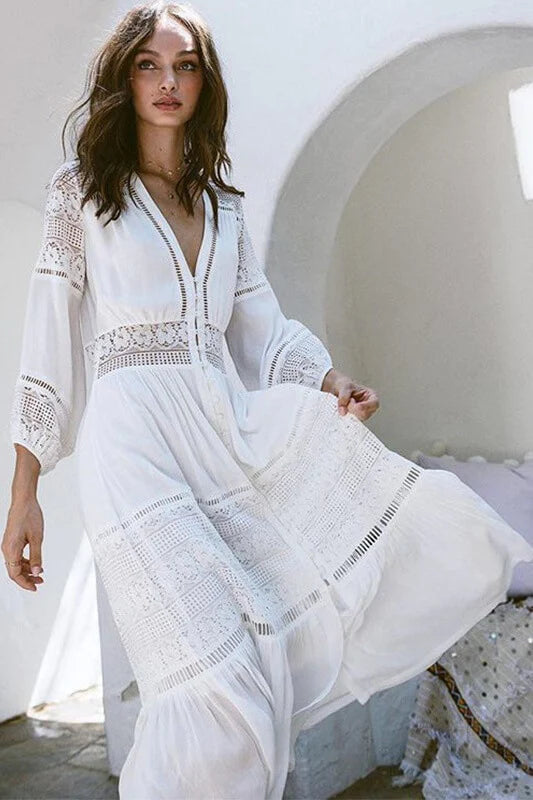 White Lace Button Down Maxi Dress with Floral Design