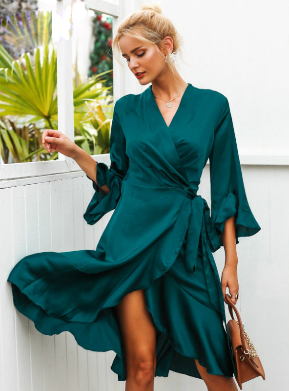 Satin Solid Dress with Ruffle Flare Sleeves and Sash Wrap for Women