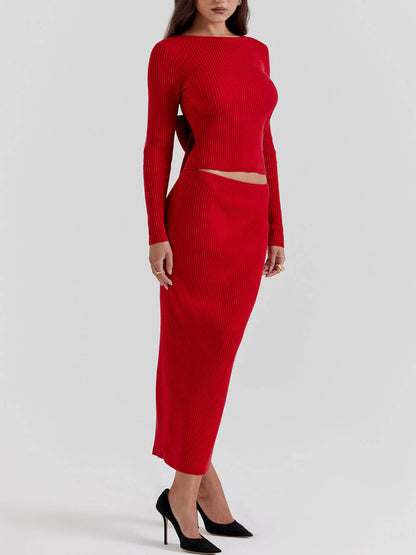 Red Knit-Blend Stylish Maxi Skirt