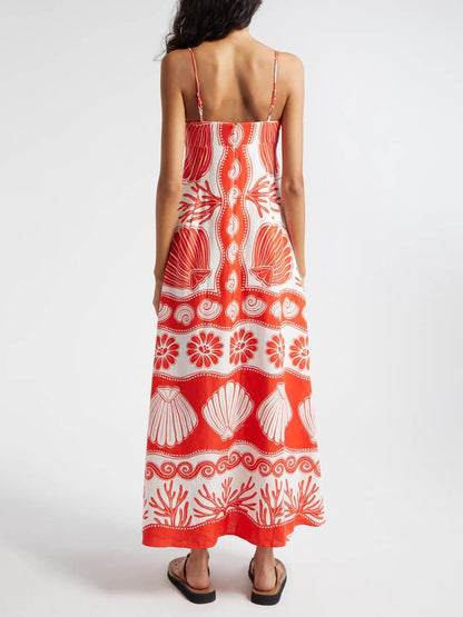 Shell Unique Print Front Graceful Lace-Up Loose Maxi Dress